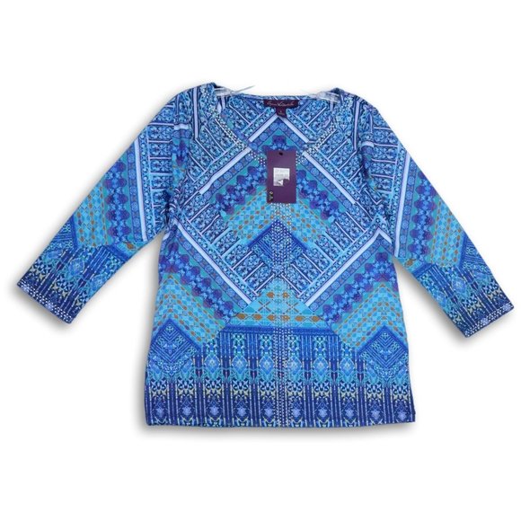 NWT GLORIA VANDERBILT TEEGAN EMBELLISHED PRINT PEASANT TOP RAIN CLOUD COMBO SM. - Picture 1 of 10